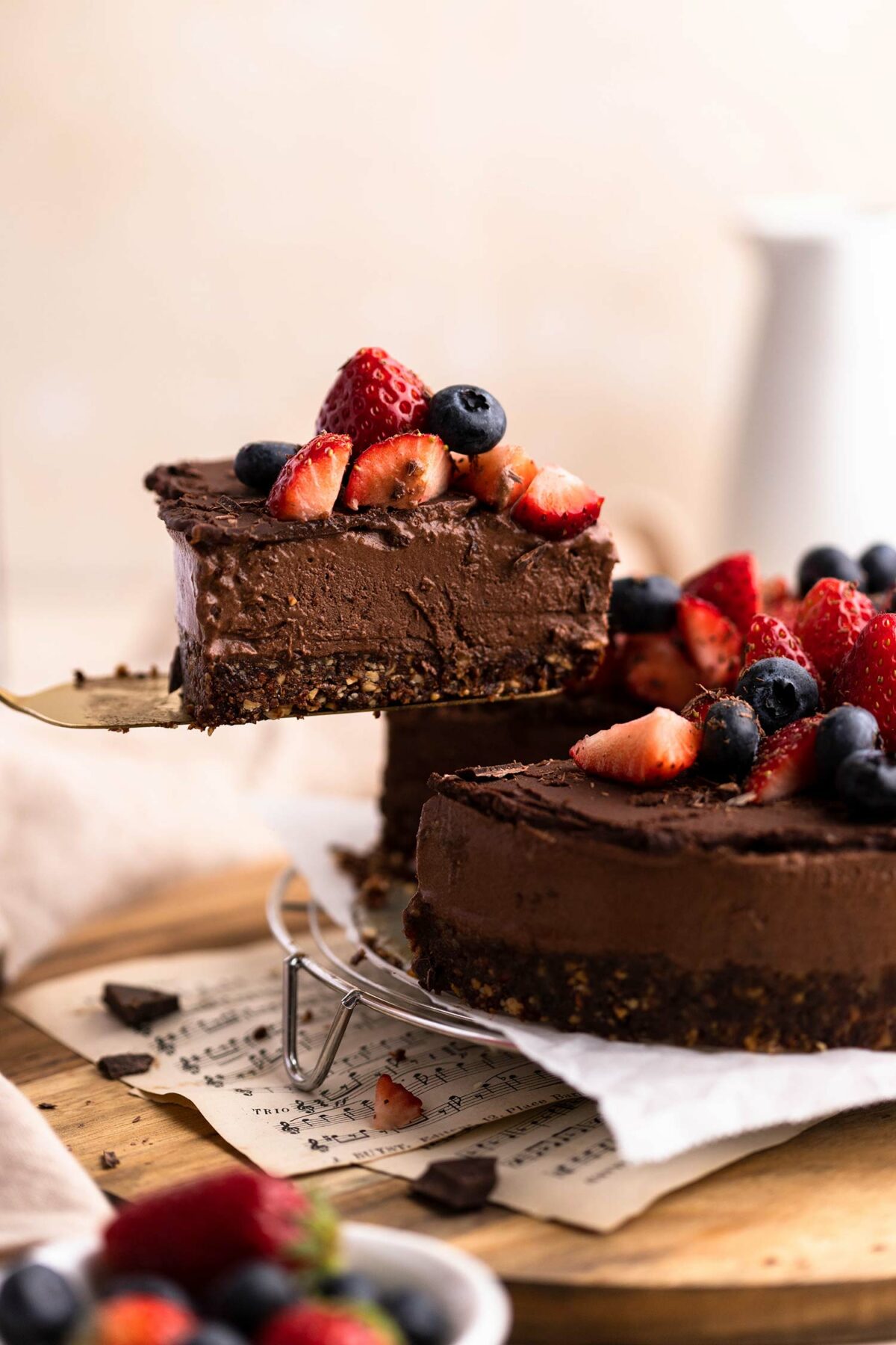 a slice of vegan chocolate mousse cake
